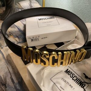 Moschino Black Leather Belt with Gold Lettering